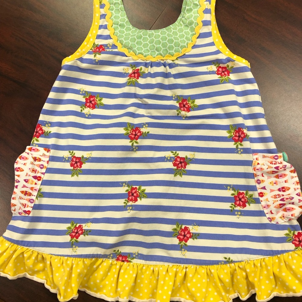 Matilda Jane Top Green Yellow Blue White With Fish Design Pockets